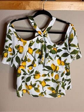 Gianni Bini Cold-Shoulder Lemon Print Women's Top - White/Yellow